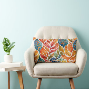 Brilliant Orange & Blue Abstract Leaves Lumbar Cushion