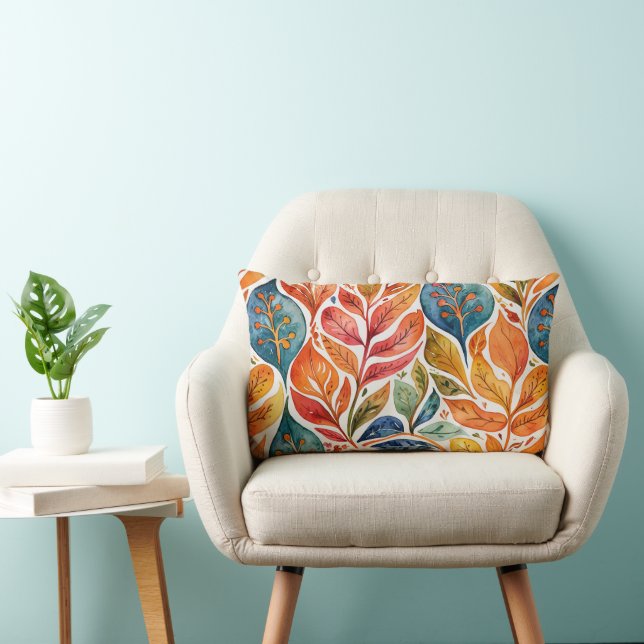 Brilliant Orange & Blue Abstract Leaves Lumbar Cushion (Chair)