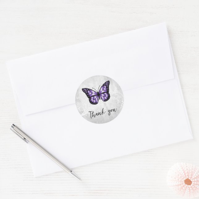 Brilliant Purple Butterfly Thank You Classic Round Sticker (Envelope)