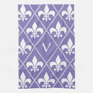Brilliant Purple Fleur de Lis w/ monogram initial Tea Towel