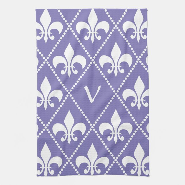 Brilliant Purple Fleur de Lis w/ monogram initial Tea Towel (Vertical)