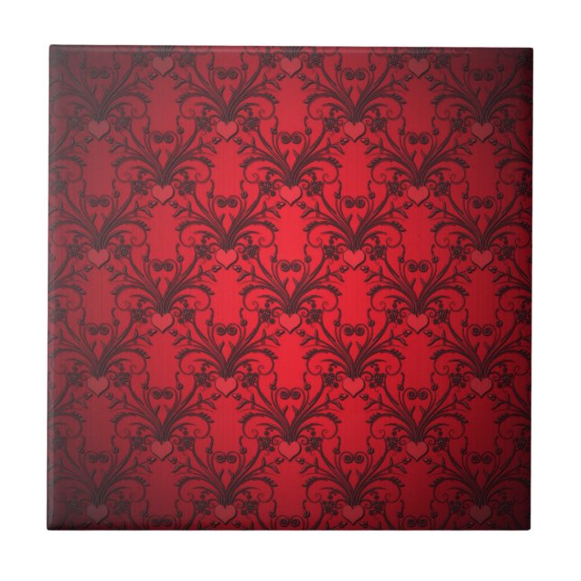 Brilliant Red Hearts Damask Pattern Ceramic Tile (Front)