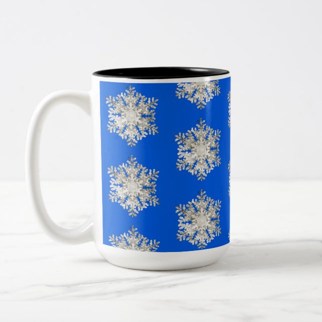 Brilliant Silver Ice Blue Christmas Snowflake Two-Tone Coffee Mug (Left)