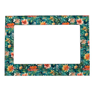 Brilliant Teal and Coral Abstract Floral Magnetic Frame