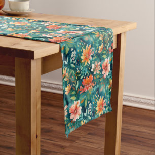 Brilliant Teal and Coral Abstract Floral Short Table Runner