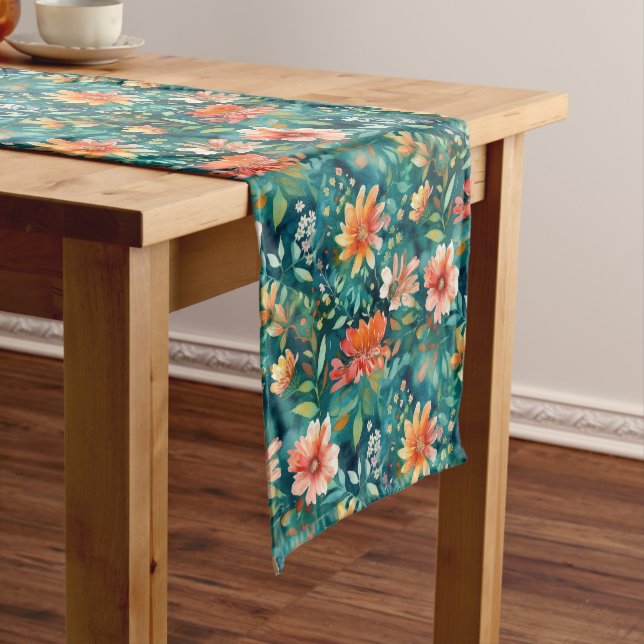 Brilliant Teal and Coral Abstract Floral Short Table Runner (In Situ)