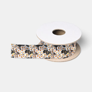 Brilliant White Daisies On Black Floral Art Satin Ribbon