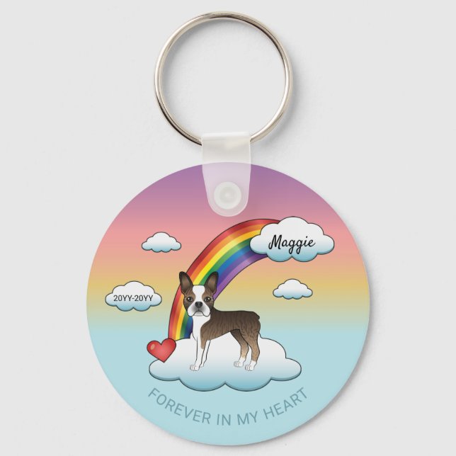Brindle And White Boston Terrier Rainbow Memorial Key Ring (Front)