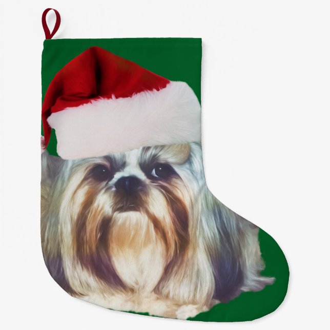 Brindle and White Shih Tzu Dog Large Christmas Stocking (Front)
