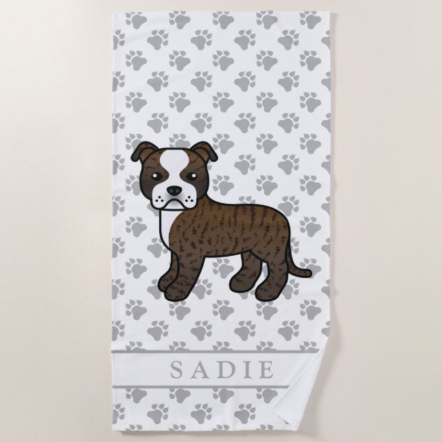 Brindle And White Staffie Cute Cartoon Dog & Name Beach Towel (Front)