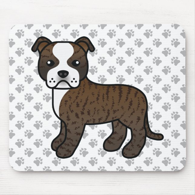 Brindle And White Staffie Cute Cartoon Dog & Paws Mouse Pad (Front)