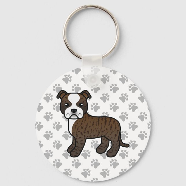 Brindle And White Staffordshire Bull Terrier Dog Key Ring (Front)