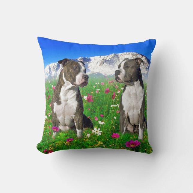 Brindle & Blue Staffordshire & Pit Bull Dogs Cushion (Front)