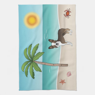 Brindle Boston Terrier At A Tropical Summer Beach Tea Towel