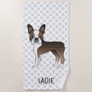 Brindle Boston Terrier Cartoon Dog & Custom Text Beach Towel