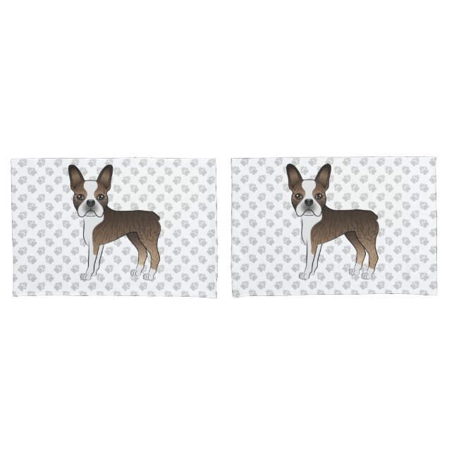 Brindle Boston Terrier Cartoon Dogs & Paws Pillowcase (Front-Set)