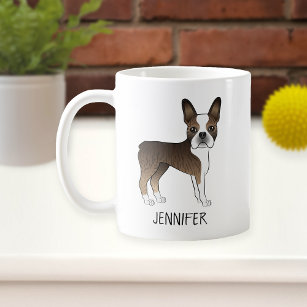 Brindle Boston Terrier Cute Cartoon Dog & Name Coffee Mug