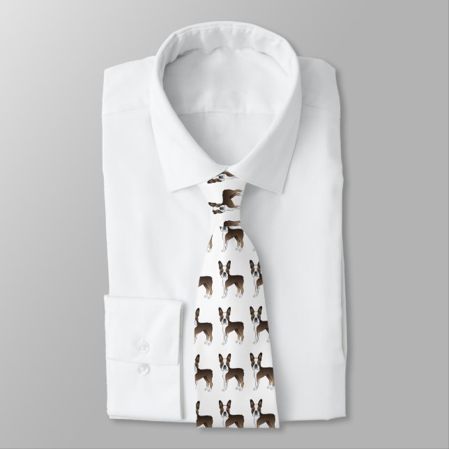 Brindle Boston Terrier Cute Cartoon Dog Pattern Tie (Tied)