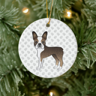 Brindle Boston Terrier Cute Cartoon Dog & Paws Ceramic Ornament