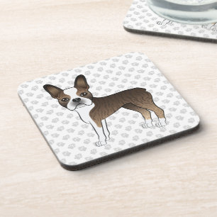 Brindle Boston Terrier Cute Cartoon Dog & Paws Coaster