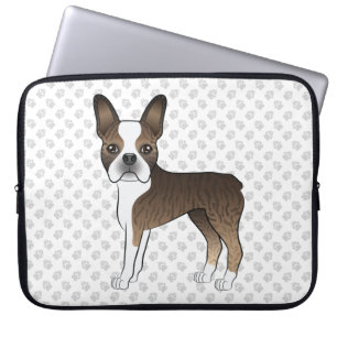 Brindle Boston Terrier Cute Cartoon Dog & Paws Laptop Sleeve