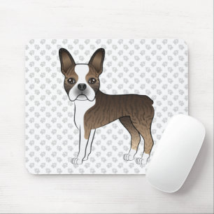Brindle Boston Terrier Cute Cartoon Dog & Paws Mouse Pad