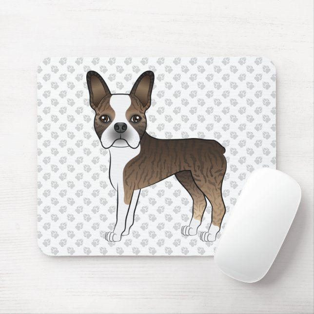 Brindle Boston Terrier Cute Cartoon Dog & Paws Mouse Pad (With Mouse)