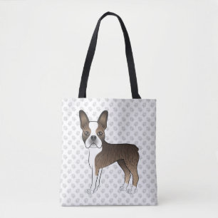 Brindle Boston Terrier Cute Cartoon Dog & Paws Tote Bag