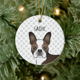 Brindle Boston Terrier Dog Head & Custom Name Ceramic Ornament