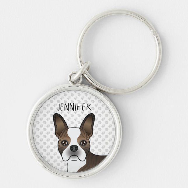 Brindle Boston Terrier Dog Head & Custom Name Key Ring (Front)
