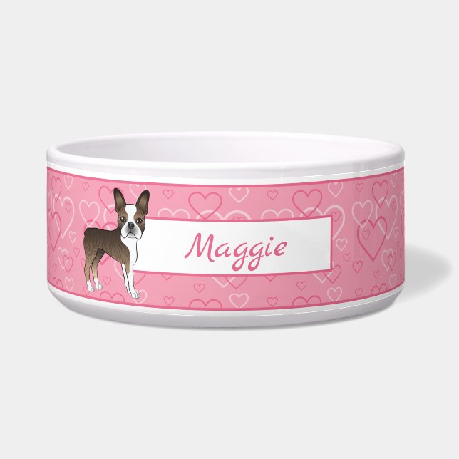 Brindle Boston Terrier Dog On Pink Hearts And Name (Front)