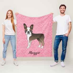 Brindle Boston Terrier Dog On Pink Hearts And Name Fleece Blanket