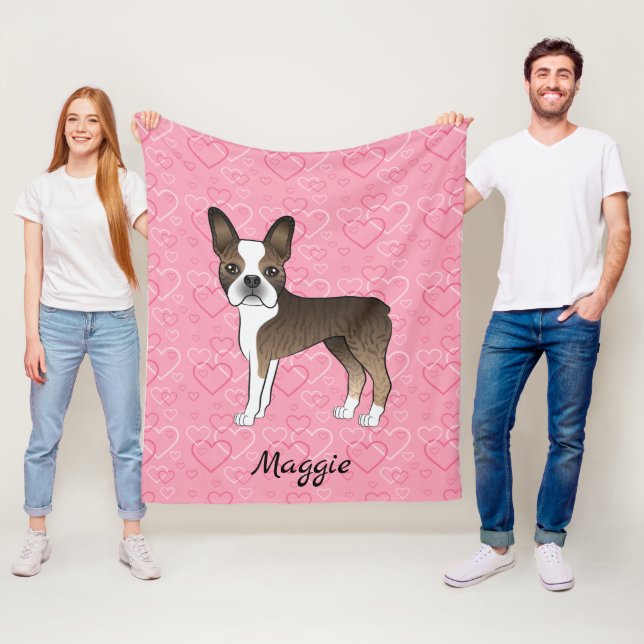 Brindle Boston Terrier Dog On Pink Hearts And Name Fleece Blanket (In Situ)