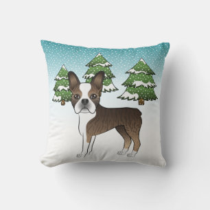 Brindle Boston Terrier In A Winter Forest Cushion