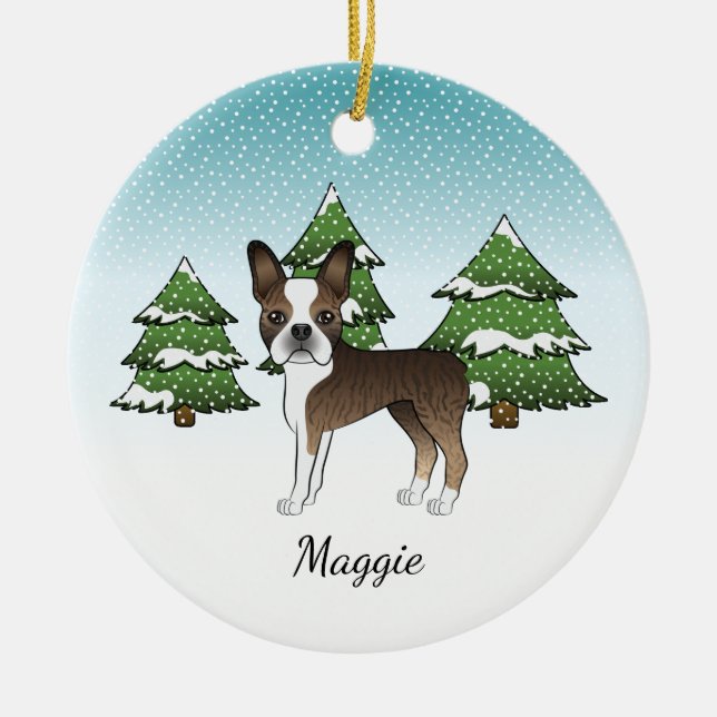 Brindle Boston Terrier In A Winter Forest & Name Ceramic Ornament (Front)