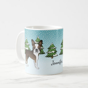 Brindle Boston Terrier In A Winter Forest & Name Coffee Mug