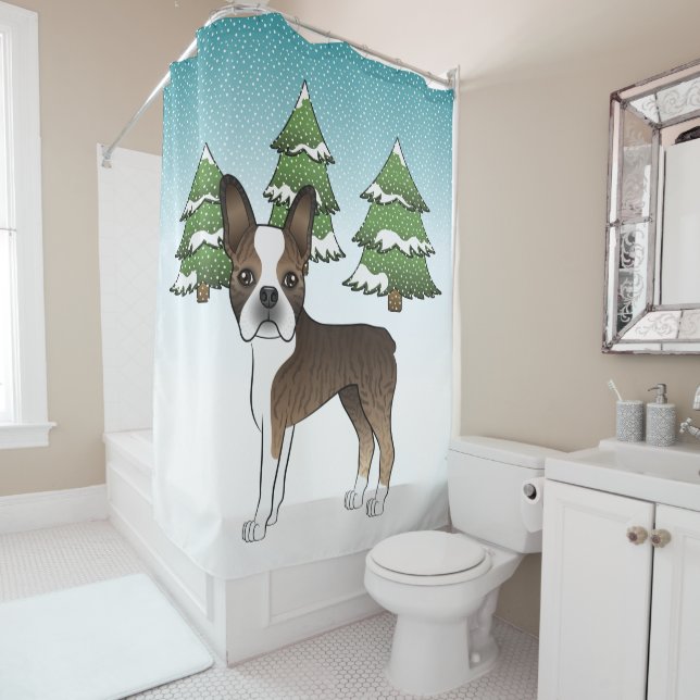 Brindle Boston Terrier In A Winter Forest Shower Curtain (In Situ)