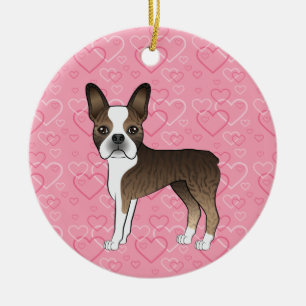 Brindle Boston Terrier On Pink Hearts Pet Memorial Ceramic Ornament
