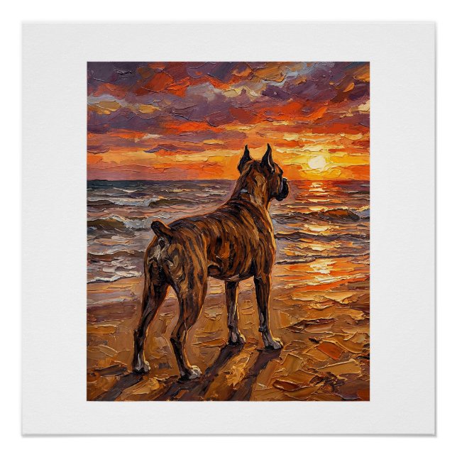 Brindle Boxer at Sunset Beach Boxer Dog Art Gift Poster (Front)