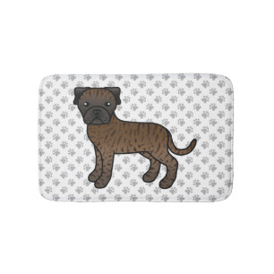 Brindle Bullmastiff Cute Cartoon Dog & Paws Bath Mat