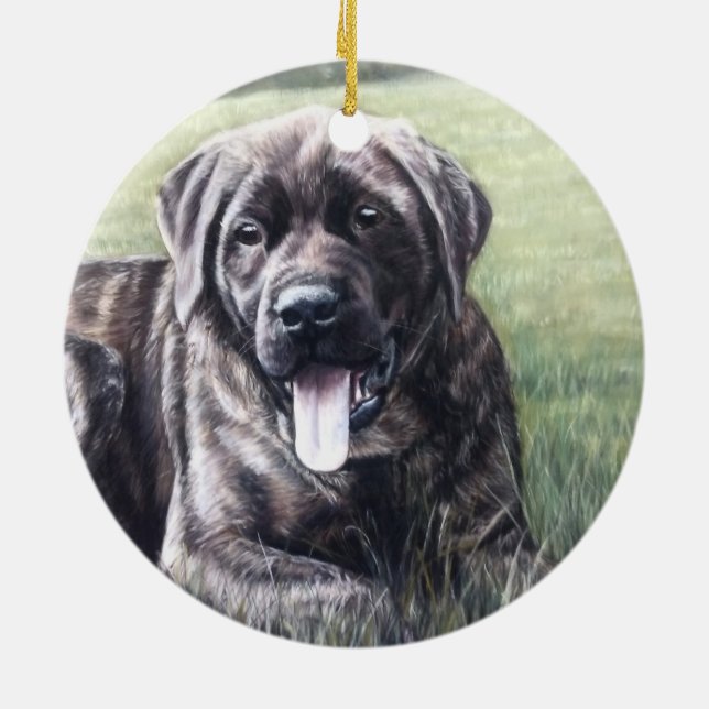 Brindle English mastiff lying in the grass Ceramic Ornament (Back)