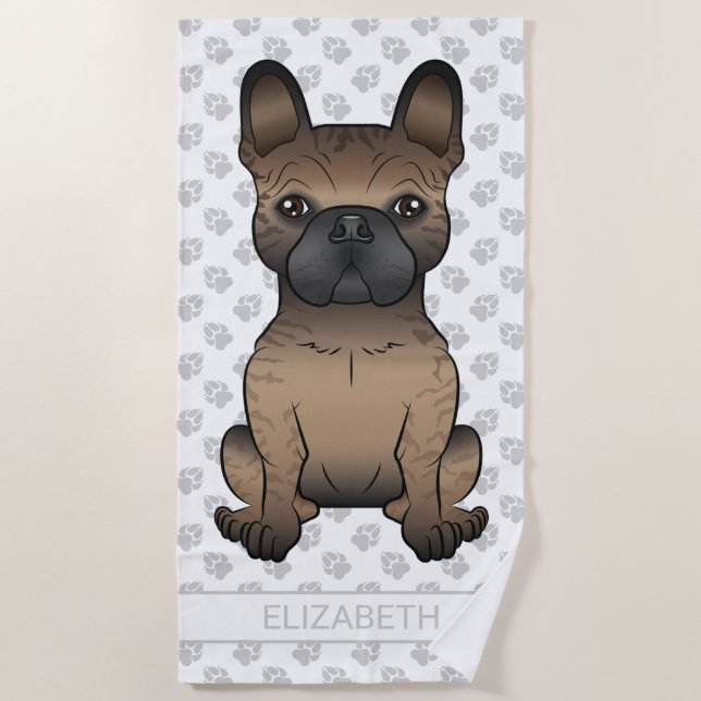 Brindle French Bulldog / Frenchie Cute Dog & Name Beach Towel (Front)
