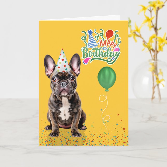 Brindle French Bulldog Party Hat Yellow Birthday Card (Yellow Flower)
