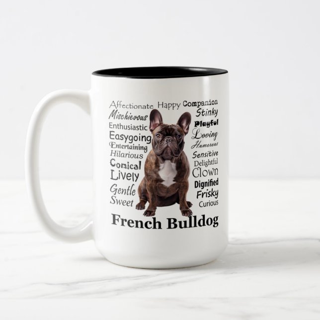 Brindle French Bulldog Traits Two-Tone Coffee Mug (Left)