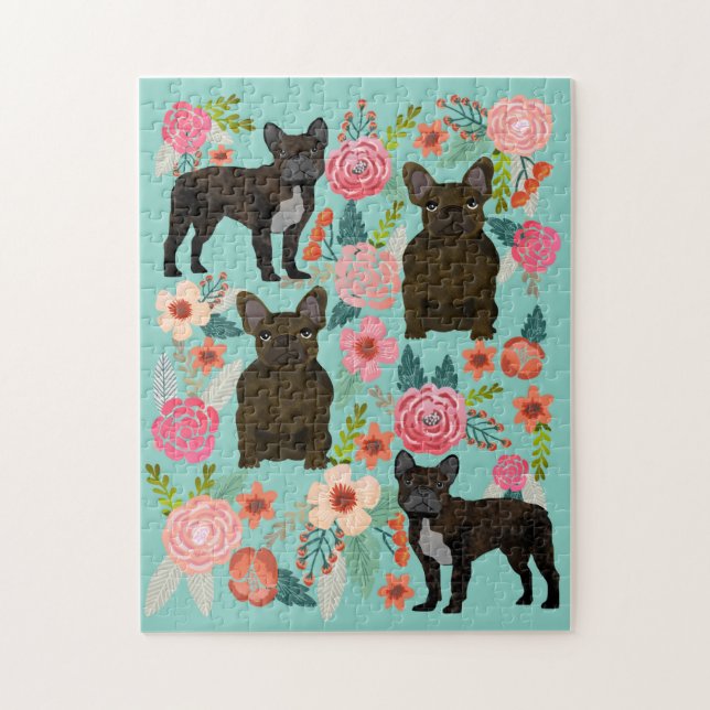Brindle French Bulldog Vintage Florals Jigsaw Puzzle (Vertical)
