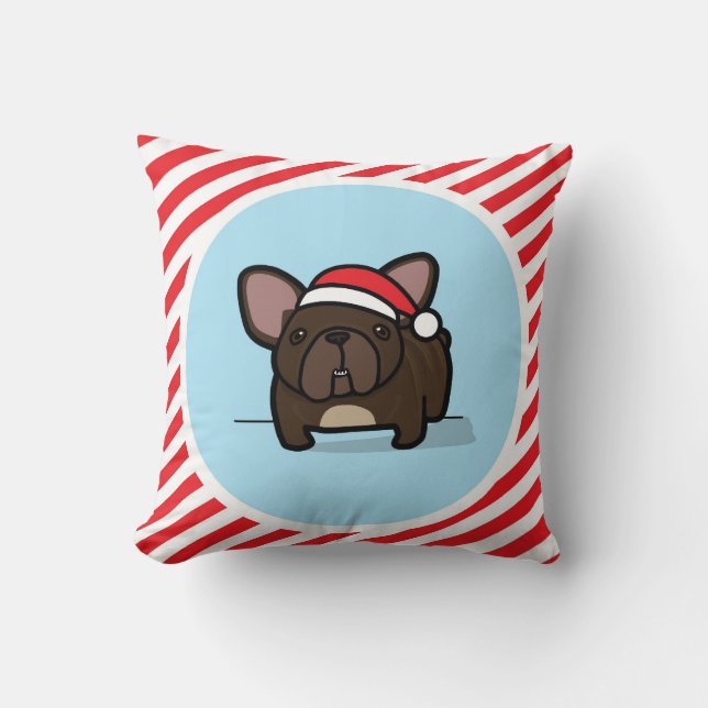 Brindle Frenchie on Candy Cane Stripes Cushion (Front)