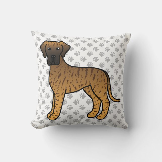 Brindle Great Dane Cute Cartoon Dog & Paws Cushion (Front)