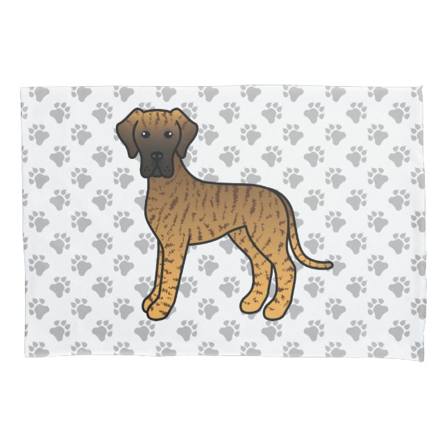 Brindle Great Dane Cute Cartoon Dog & Paws Pillowcase (Front)