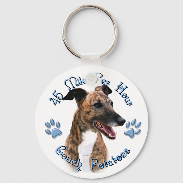 Brindle Greyhound Couch Potato Key Ring (Front)