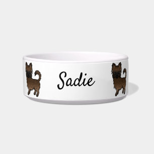 Brindle Long Coat Chihuahua Cartoon Dog & Name Bowl